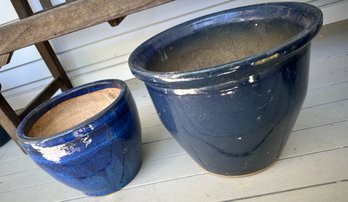 Large And Medium Blue Glazed Outdoor Pots - P10