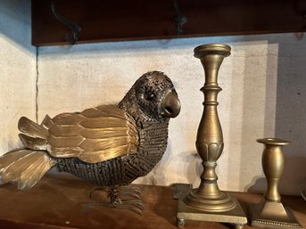 2 Brass Candle Sticks And Large Brass/Metal Bird - O18
