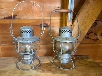 *Two Antique Railroad Lanterns - Adlake 300 And Hiram Piper With Globes - G17