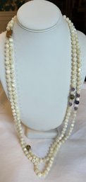 Stunning White Jade Double Strand Necklace, Lavender & Hand Painted Floral Beads With 14 K.t G.f Clasp - J1