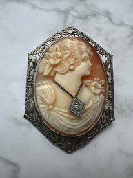 Antique Art Deco Era Cameo Brooch Hand-carved Shell Set In 14k While Gold Filigree Frame- J3