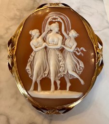 Large Antique Carved Shell Cameo Brooch 'Three Graces' Set In 14k - J4