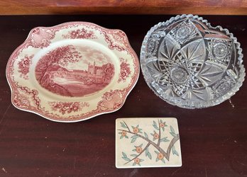 Stone Trinket Box, Johnson Bros Platter And Cut Glass Bowl - Front  Sit/bed14