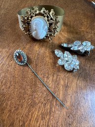 Victorian Cameo Bracelet, Hat Pin And Shoe Clips - C4