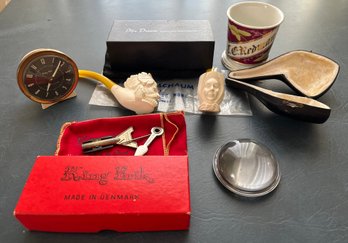 Gentleman's Lot: 2 Vintage Meerschaum Pipes One W/ Case, Pipe Cleaner Cutter, Crystal Magnifier And More - D9