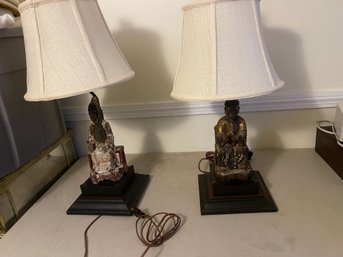 Vintage Carved Wooden Lamps With Shades