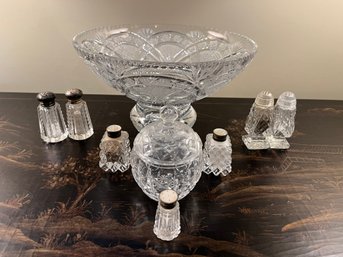 Large Footed Cut Glass Bowl, Mustard Dish And 7 Salt And Pepper Shakers - Lv17