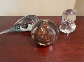 Three Signed Glass Crystal Paper Weights - Tablsnski Made In Poland, Bear, And One From Poland
