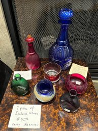 Beautiful Early American Sandwich Glass Lot Of 7 Items Includes Blue Decanter - Lv38