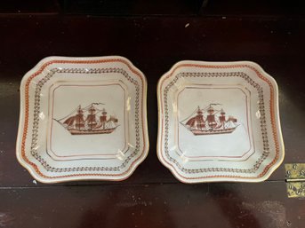 Two Hand Painted Tall Ships Antique Trinket Dishes - 97