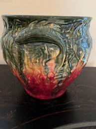 Vintage Majolica Jardiniere Fish Flower Blended Glaze Gold And Green - Lv48