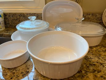 White Corning Ware Lot Of Six - 2 Have Two Have Covers - Lr73