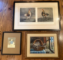 Framed Fighting Cocks Colored Print, Steve French Blueberry Basket Print & Picasso Child Print - LR57