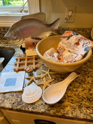 Seafood Cooks Lot - Vintage Bowl Fish Platter Dish Towel And Assorted Related Items - Lr85