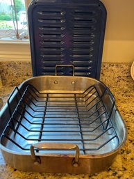 Blue Speckled Two Piece Broiling Tray And Large Gourmet Buffet Brand Stainless Roasting Pan - Lv92