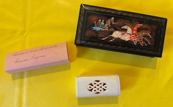 Russian Lacquer Legends Box Scene Of Troika And Carved Asian Cricket Box - 85