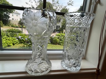 Two Tall Etched Crystal Flower Vases - K30