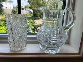 Two Beautifully Etched Crystal Items: One Vase One Pitcher - K31