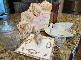 Vintage Pretty 8 Piece Lot Includes Vintage Fan Card & Pink Vase - K34