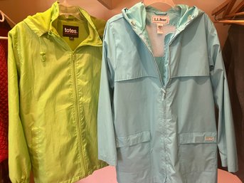 Totes Apple Green Fleece Lined Rain Jacket And L. L. Bean Waterproof Unlined Teal Jacket - BFC3