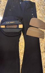 Vintage Navy Blue Wool Button Front Navy Bell Bottom Trousers With Navy Cap  And Two Army Caps - BFC4