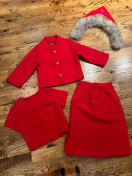 Vintage Townley Kennedys Red Knubby 3 Piece Suit With Fur Collar - O28