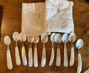 11 Antique Mother Of Pearl Spoons In 2 Linen Pouches - S1