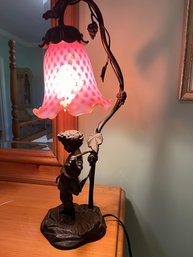 Vintage Iron Figural Child Lamp With Pink Tulip Glass Shade - Bd6