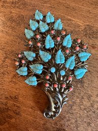 Large Statement Pin With Turquoise And Coral Colored Accents - J2