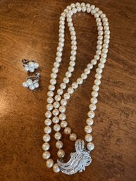 Richileau Ear Clips And Faux Pearl Necklace With Rhinestone Crystal Clasp - J4