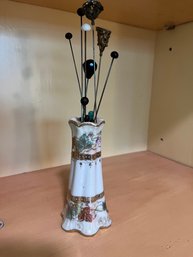 Antique Hand Painted Hat Pin Vase With Hat Pins - Bd16