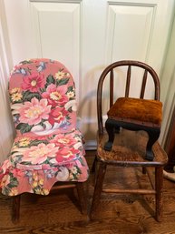 Antique Pair Of Children's Chairs With Custom Floral Covers And One Velvet And Tack Covered Foot Stool - Bd22
