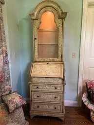Hand Painted Writing Desk With Lighted Curio Top Glass Shelves And 3 Drawers - Bd23