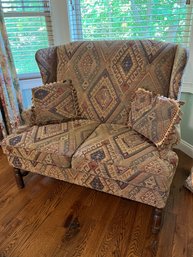 Love Seat With Dark Geometric Upholstry And Additional Seafoam Summer Slipcover And Cushion - Bd24