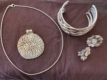 Large Pendant, Clip On Earring And Cuff All Marked Israel, Necklace Sterling - J52