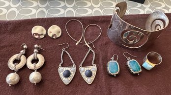 925 Mexico Cuff, Pierced Earrings And A Ring - J54