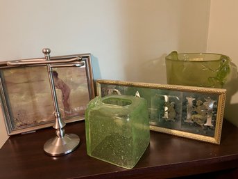 Bath Lot Of 5 Items Includes Two Framed Art Pieces One Towel Holder And A Green Trash Container -  Bd33
