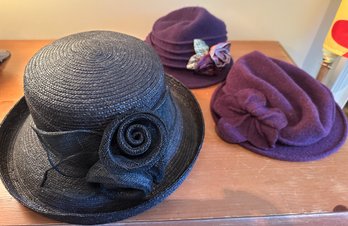 Black Straw Hat And 2 Purple Wool Hats - FFC3