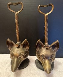 Pair Of Heavy Brass Fox Head Door Stops 2b