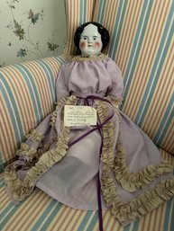 1860s Old China Doll CompleteLy Dressed In Purple Ensemble - BD1f
