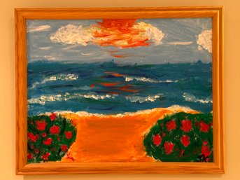 Happy Beach Painting Framed In Wood Signed JK - C8