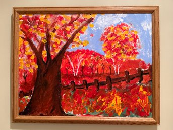 Vibrant Fall Painting In Wood Frame Unsigned - C9