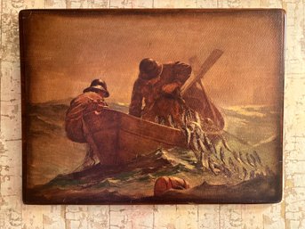 Hauling Fish Canvas Attached To Wood Signed ?.?- B1