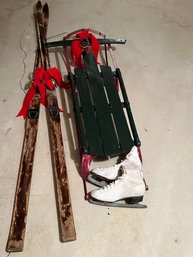 Vintage Winter Decor: Cross Country Skis, Sled & Skates - BT2