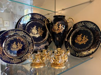 Limoges Cobalt Blue & Gold Set Of 4 With 4 Dainty Gold Tone Candle Holders - C17