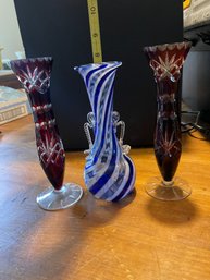 Vintage Venetian Murano Glass Vase, Cranberry Cut To Clear Czech Vase Pedestal 8 Beautiful Detail!!