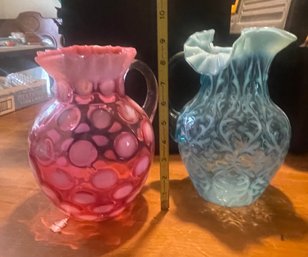 Fenton Glass Pitcher And Northwood  Blue Opalescent Spanish Lace Pitcher