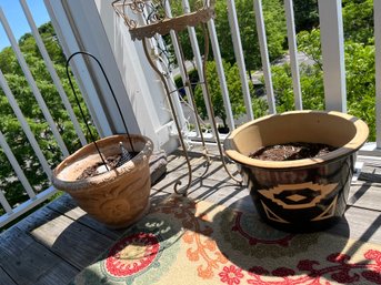 2 Garden Planters One Ceramic One Resin  And Plant Stand - P3