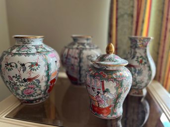 4 Porcelain Asian Inspired Vases Or Decanters - 2Den6