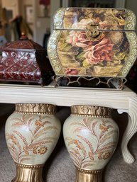 Two Metal Wall Sconces An Two Metal Flowed Storage Vessels With Covers - 2Den13